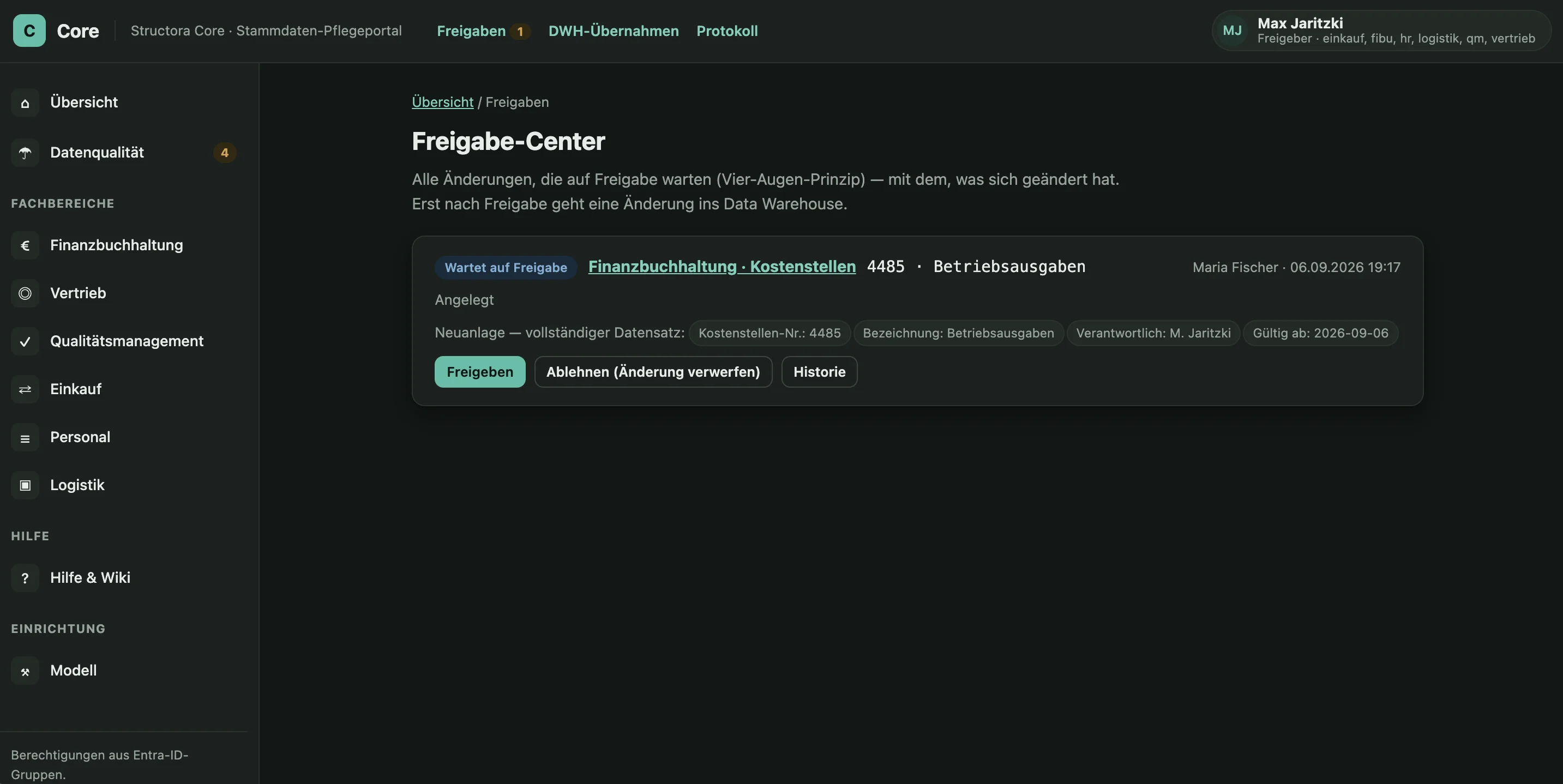 Freigabe-Center: wartende Änderung mit vollständigem Datensatz, Freigeben und Ablehnen