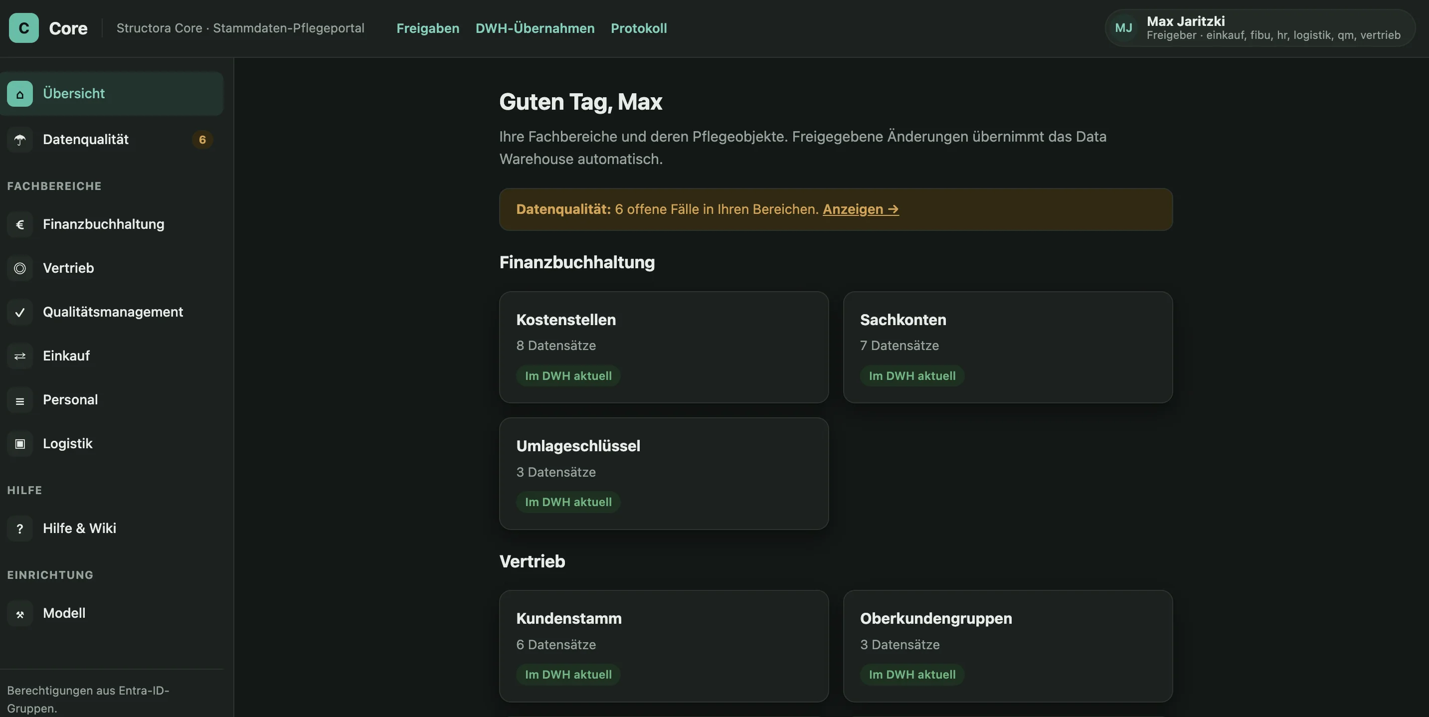 Structora Core — Stammdaten-Pflegeportal, Übersicht der Fachbereiche