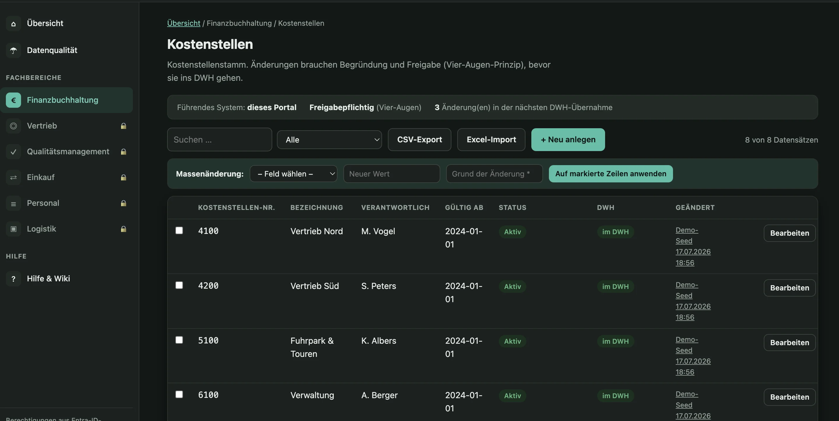 Kostenstellen-Pflege mit Suche, Filter, Massenänderung und CSV-Export